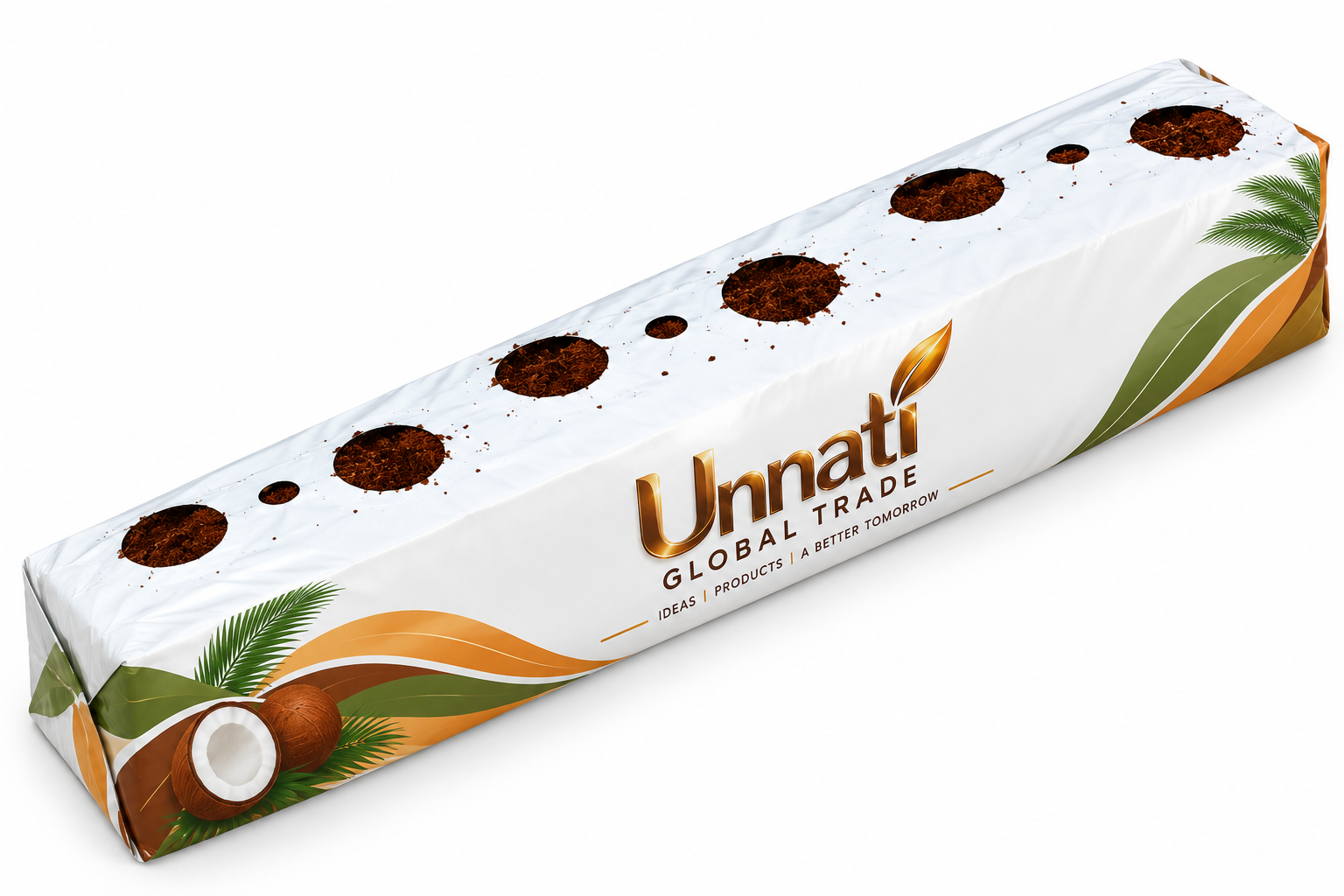 Unnati-branded flat-bed cocopeat grow bag with planting holes